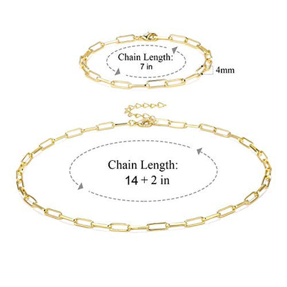14K Gold Plated Dainty Paperclip Link Chain Necklace Bracelet Set for Women