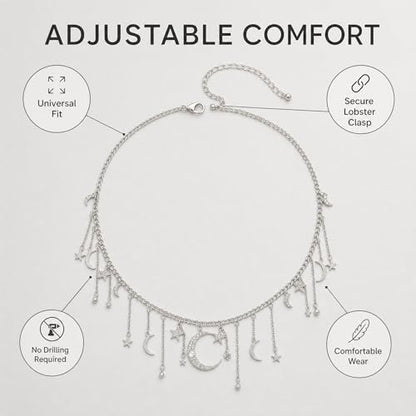 Moon Chain Belt for Women, Elegant Silver Star Waist Chain, Sparkling Celestial Body Jewelry Matching Y2k Witchy Festival Outfits Flawlessly