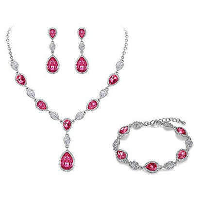 EleQueen Women's Wedding Bridal Jewelry Sets for Brides Bridesmaids, Cubic Zirconia Teardrop Necklace Tennis Bracelet Dangle Earrings Jewellery Set - color: 08-Pink Color Clear-Tone