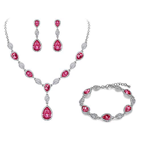 EleQueen Women's Wedding Bridal Jewelry Sets for Brides Bridesmaids, Cubic Zirconia Teardrop Necklace Tennis Bracelet Dangle Earrings Jewellery Set - color: 08-Pink Color Clear-Tone