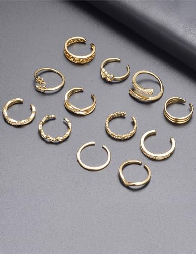 Akeoqi 12PCS 18K Gold Plated Toe Rings CZ Daisy Flower Leaf Heart Knot Band Open Tail Ring Beach Foot Jewelry Sets For Women Men Gold Silver Tone - color: A: Gold