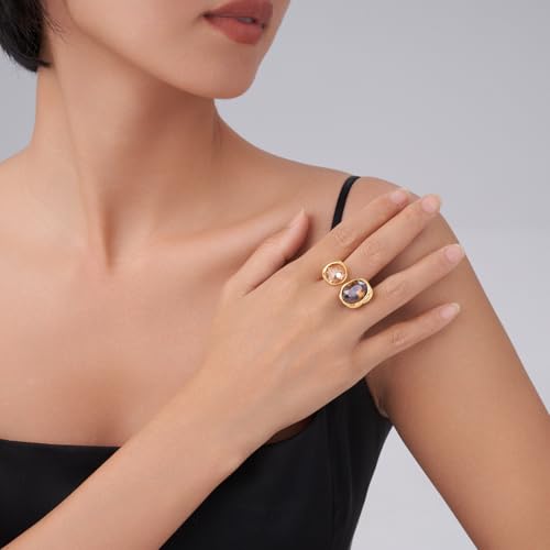 Open Statement Ring Cocktail Ring Cubic Zirconia Crystal Gemstones Antiqued Gold Plated Adjustable Open Band Vintage Jewelry for Women