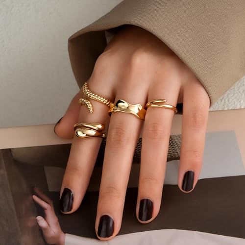 FAXHION 12PCS Gold Stackable Rings Set for Women, 18K Gold Plated Open Stacking Knuckle Ring, Adjustable Chunky Signet Band Statement Ring for Gift - color: 3-ringsGold