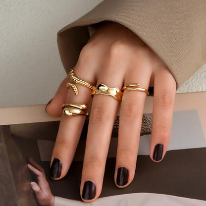 FAXHION 12PCS Gold Stackable Rings Set for Women, 18K Gold Plated Open Stacking Knuckle Ring, Adjustable Chunky Signet Band Statement Ring for Gift - color: 3-ringsGold