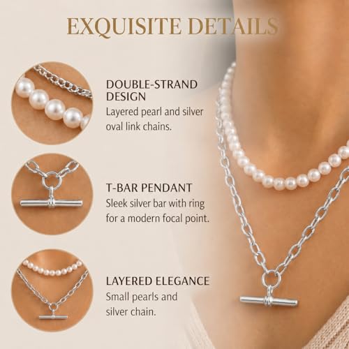 Layered Necklaces for Women Pearl Necklace Stack Gold T Bar Necklace Set Dainty Heart Pendant Jewelry Trendy 2026 Fashion Accessories Gifts - color: B2:2pcs-silver-8mm
