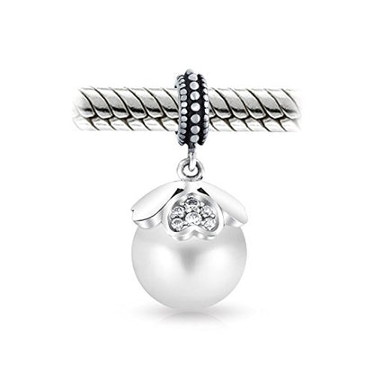 Bling Jewelry .925 Sterling Silver Vintage Style Heart Cap Faux White Pearl Dangle Charm Bead For Women for Bracelet
