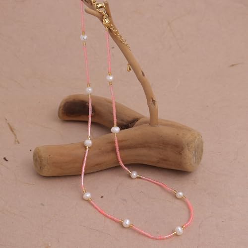 Gold Seed Beaded Necklaces for Women, Boho Handmade Adjustable Colorful Beads Choker Summer Beach Jewelry Gift. - color: Pink
