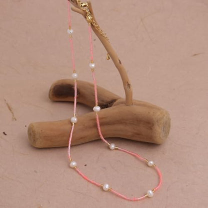 Gold Seed Beaded Necklaces for Women, Boho Handmade Adjustable Colorful Beads Choker Summer Beach Jewelry Gift. - color: Pink