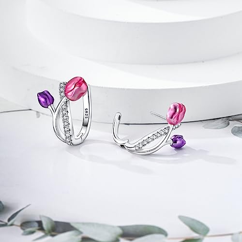 Parmuz 925 Sterling Silver Butterfly Huggies Hoop Earrings for Woman | Gold Plated Cubic Zirconia Star Moon cross Twisted huggie Hoop Post Chunky Small Tiny cuff Snake Heart Earring Gift for Her - color: Purple flower hoop earring