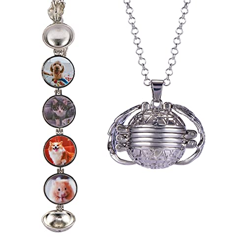 Ornaland Round Expanding Photo Locket Pendant Necklace for Women Men with Angel Wings, 4 Photo Locket Alloy Neck Decoration for Mother's, Platinum, 24.41 inch(62cm)