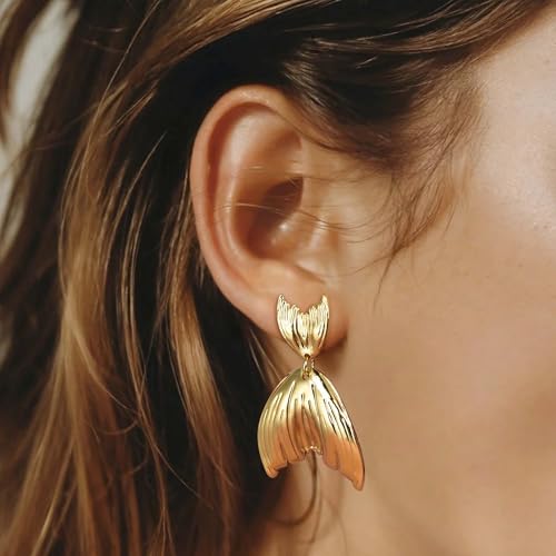 Large Geometric Drop Dangle Earrings for Women Pearl Teardrop Disc Rectangle Oval Fishtail Shell Shaped Textured Dangle Studs Earrings for Women - color: Gold-Fishtail