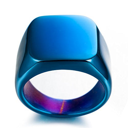 Stainless Steel Signet Ring for Men Solid Square Biker Rings Matte Brushed/Polished Finish - color: Polished, Blue