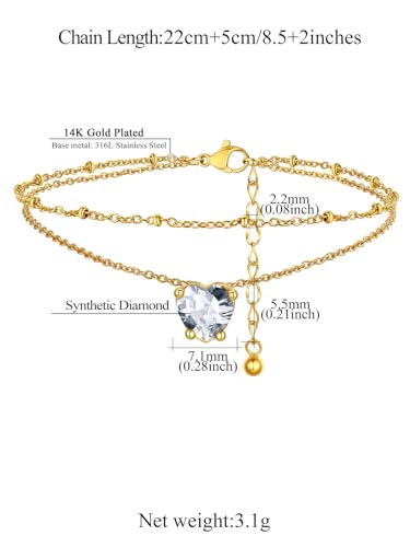 FindChic Bling Heart Birthstone Anklets Layered Beaded Ankle Bracelets for Women Gold/Black/Silver 12 Month Gem Colors Foot Chain Summer Jewelry for Girls, with Gift Box - color: Gold, style: 04. Apr.-Created Diamond(Prong Setting)