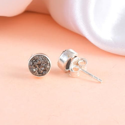 5 MM Natural Gemstone 925 Sterling Silver Hypoallergenic Studs Earrings Jewelry for Women Dainty Trendy Antiqued Silver Birthstone Earrings Jewelry Gifts for Women and Her - color: Black Druzy