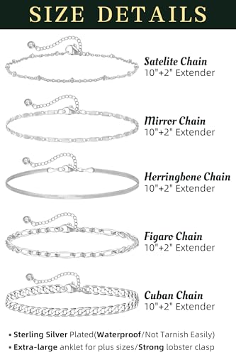 Plus Size Ankle Bracelets for Women - Extra Large 10"+2" Adjustable Anklet 14K Real Gold Plated Anklet Cuban Link, Figaro, Rope, Snake Herringbone - Summer Beach Waterproof Foot Jewelry - color: Figaro,Curb,Snake,Satellite,Rope Silver