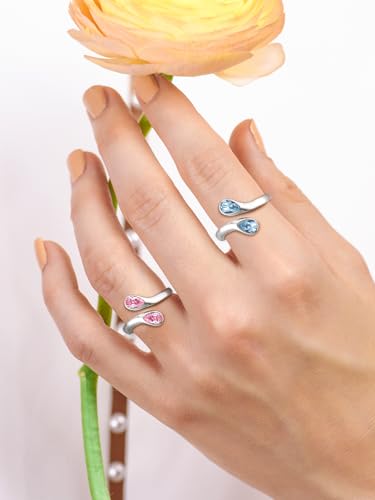 Bestyle Silver Birthstone Ring for Women, Dainty Sterling Silver Teardrop Ring Open Adjustable Band Ring, Love Statement TOI et Moi Ring Promise Ring for Her - color: 10.October (Pink Tourmaline)