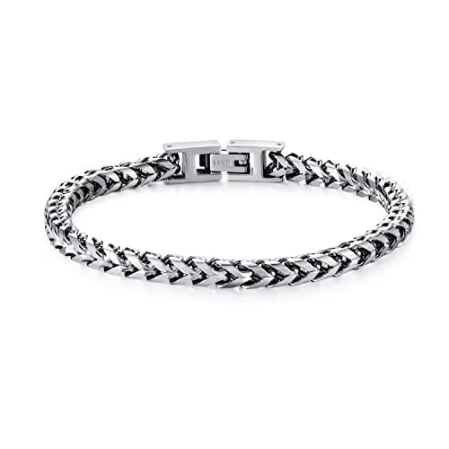 Mens Bracelet - Stainless Steel Fold Over Clasp Franco Chain Bracelets for Men - color: G-Silver