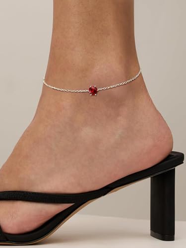 ChicSilver 925 Sterling Silver Anklets for Women, Simple Dainty Round/Heart Birthstone Ankle Bracelet Beach Foot Jewelry, 8.7-10.7 Inch Adjustable - color: 01. Round - January(Garnet)