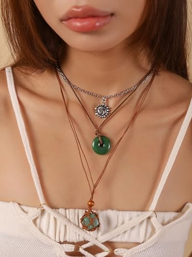 MINACHI Bohemian Retro Style Multi Layer Necklace, Green Crystal Sun and Floral Pendant, Ethnic Jewelry for Women - style: Necklace NEC.011