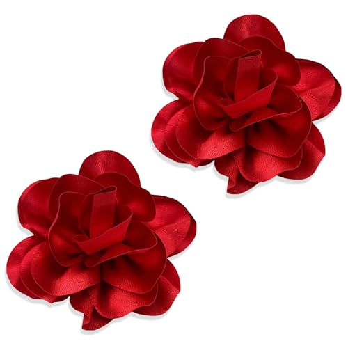 2Pack 6inch Extra Large Satin Brooches Lapel Pins Dainty Elegant Fabric Camellia Rose Flower Brooch Pin for Women Wedding Part Dance Clothes Accessories Jewelry - color: Red