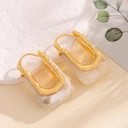 Acrylic Hoop Earrings for Women 14K Gold Plated Chunky Hoop Earrings Vintage Geometric Resin Fashion Jewelry Gifts - style: acrylic hoop white