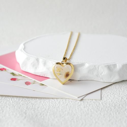 Heart Locket Necklace That Holds Pictures Pressed Flower Photo Locket Pendant Necklace for Girl Women Gift for Her - style: White Daisy
