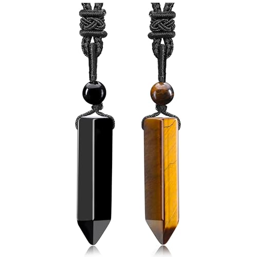Top Plaza Healing Crystal Stone Necklaces for Men Hexagonal Pendant Necklaces Adjustable Braided Rope Natural Gemstone Necklace Jewelry Christmas Gift for Dad, Husband - color: 2pcs-Tiger Eye Stone+Black Obsidian