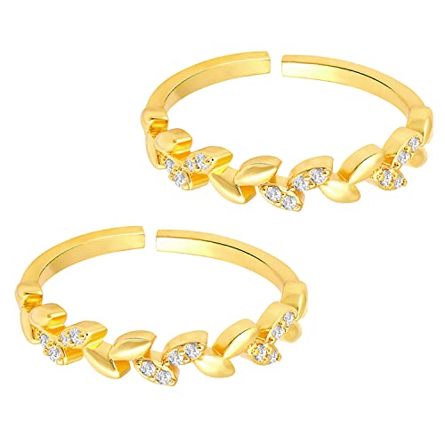 Aheli Cubic Zirconia Studded Leaf Style Adjustable Toe Ring Bichiya Fancy Jewellery for Women - color: Gold