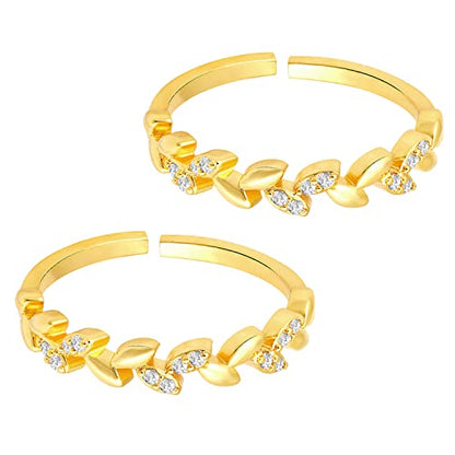 Aheli Cubic Zirconia Studded Leaf Style Adjustable Toe Ring Bichiya Fancy Jewellery for Women - color: Gold