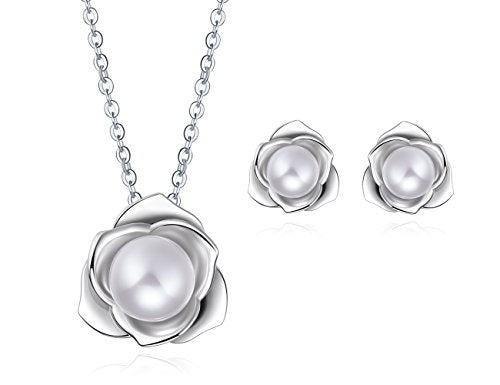 "Lovely Rose" High Polished 925 Sterling Silver Earrings with 7mm Natural Freshwater Pearl - style: Jewels Set