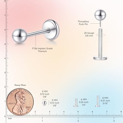 limerencia Titanium Threadless Flat Back Earrings Stud Piercing Jewelry | 20G Press Fit Titanium Push Pop in Cartilage Tragus Labret Lip Medusa Conch Piercing Jewelry Hypoallergenic for Women Men - style: 3MM Ball Silver