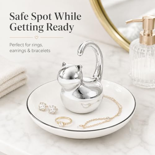 Cat Ring Holder Jewelry Dish–White & Silver Fat Cat Ceramic Trinket Tray,Birthday,Wedding,Graduation Gift for Women & Girls,Rings Earrings Necklaces Bracelets–Vanity,Nightstand,Dresser,Bathroom - color: Fat Cat