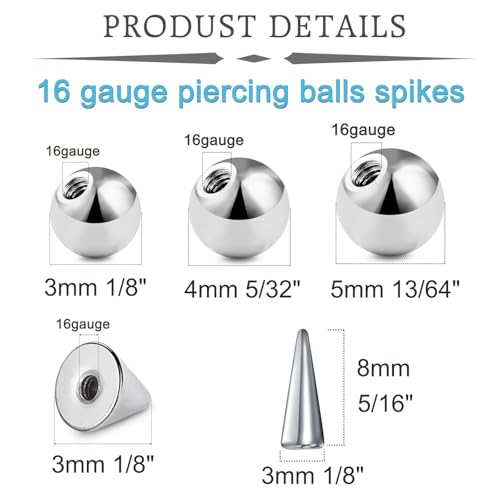 QWALIT 16gauge 14gauge Stainless Steel Replacement Balls for Lip Studs Labret Earrings Piercing Jewelry Septum Rings Externally Threaded Plastic Balls 3mm - 8mm - color: Set B1-16g -balls+spikes-silver