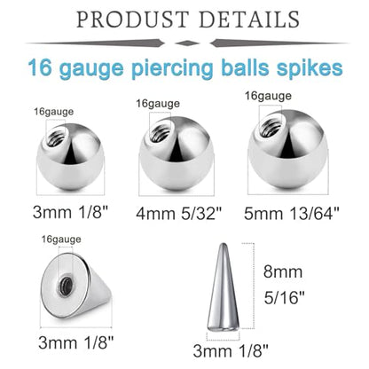 QWALIT 16gauge 14gauge Stainless Steel Replacement Balls for Lip Studs Labret Earrings Piercing Jewelry Septum Rings Externally Threaded Plastic Balls 3mm - 8mm - color: Set B1-16g -balls+spikes-silver