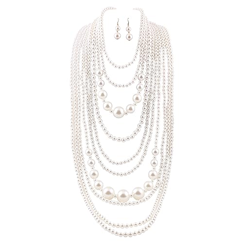 Multilayer Strand Chain Faux Pearls Flapper Beads Cluster Long Choker Necklace - color: Beige Necklace