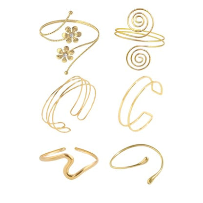 ItsStarred Minimalist Arm Cuff Gold Plated, Upper Arm Cuff Bangle Bracelet for Women, Adjustable Arm band Set 6 Pieces - color: A2: Gold Plated Flower