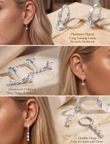 MILACOLATO 5 Pairs 925 Sterling Silver Earrings for Women Trendy Ear Stacks | 14K Gold Plated Stud Huggie Hoop Earrings Set Hypoallergenic CZ Pearl Dangle Earring Prom Bridal Bridesmaids Wedding Jewelry - color: Silver - 2 Pairs of CZ Hoops + 3 Pairs of C