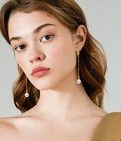 Pearl Dangle Earrings for Women, Threader Earrings Long Drop Earrings, Dainty Hoop Earrings Hypoallergenic Tassel Ear Chain for Wedding Jewelry Gifts - color: Pearl Hook Earrings