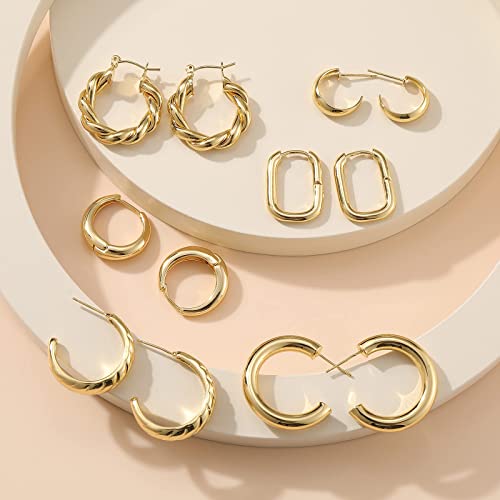 Gold Hoop Earrings Set for Women, 6 Pairs 14K Gold Plated Lightweight Hypoallergenic Chunky Open Twisted Hoops Earrings Pack Jewelry - color: Gold Classic