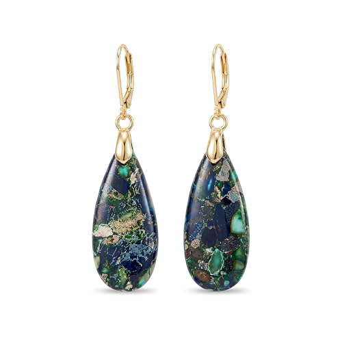 Natural Healing Teardrop Stone Leverback Dangle Drop Earrings Statement Gold earrings - color: Blue -Gold