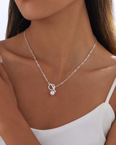 Pearl Necklaces for Women Trendy 14k Gold Plated Cubic Zirconia Pearl Pendant Necklace Valentines Day Wedding Birthday Mother's Day Gifts Dainty Gold Necklace for Women - color: Style 8 - Silver Necklace