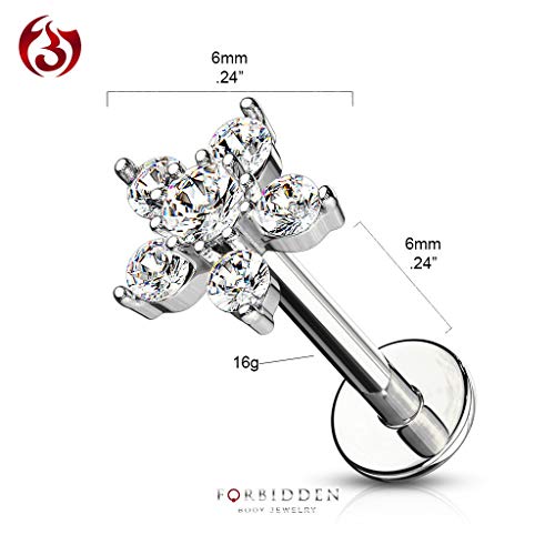 Forbidden Body Jewelry 16g 6-8mm Internally Threaded Surgical Steel Cartilage/Tragus/Labret/Monroe Stud w/Double Tier Floral Top - style: Clear