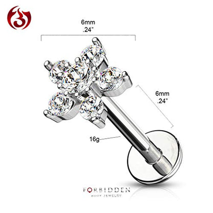 Forbidden Body Jewelry 16g 6-8mm Internally Threaded Surgical Steel Cartilage/Tragus/Labret/Monroe Stud w/Double Tier Floral Top - style: Clear