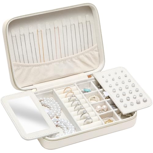 Genuine Leather Travel Jewelry Organizer Case Box with Mirror for Women, Small Mini Portable Jewelry Box for Ring Earrings Necklace Bracelet Luxury Gift for Women Ivory White - color: Ivory White