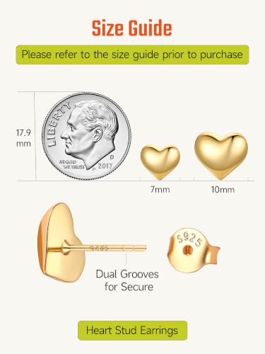 JustBeingCute Heart Stud Earrings 14K Gold Plated 925 Sterling Silver Posts | Dainty Simple Heart Earrings for Women hypoallergenic Chunky Puffy Studs Lightweight with Gift Box（7/10mm） - color: 10mm 14K Gold Stud