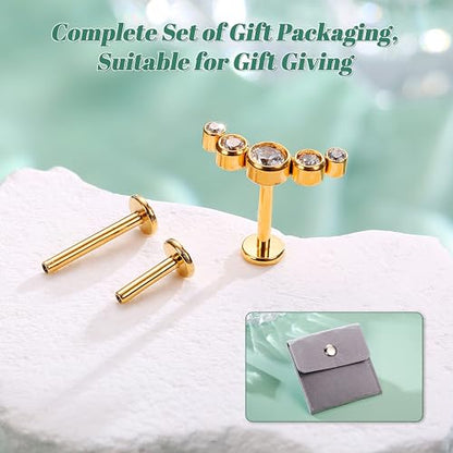 LOLIAS 16G G23 Titanium Tragus Conch Helix Piercing Jewelry 6mm 8mm 10mm - Internally Threaded Flat Back Stud Cartilage Earrings Hypoallergenic Forward Earlobe Labret Tragus Piercing Jewelry - color: 5 CZ-14K Gold