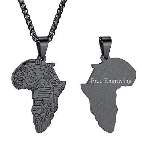 GOLDCHIC JEWELRY Africa Map Necklace for Men, Stainless Steel African Tribal/Egyptian Eye of Horus/I LOVE AFRICA/Elephant Map Hiphop Jewelry Unisex with 22'+2'Adjustable Chain - color: Eye of Horus - Black, style: Personalised Engraving