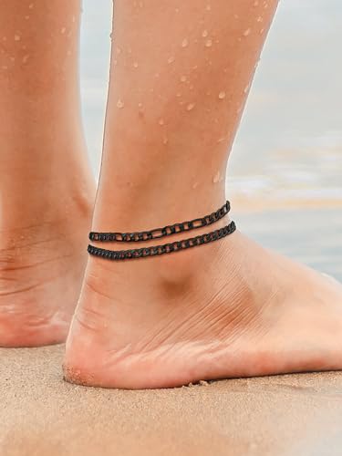 U7 2Pcs/3Pcs Ankle Bracelets for Women, Stainless Steel Cuban Link/Figaro/Rope/Heart Chain Anklets Sets,Waterproof Layered Anklets Adjustable 8.5"-10.5" - color: 01. 2Pcs Style A-Black
