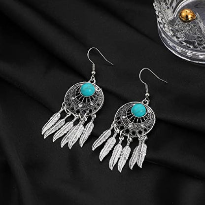 Boho Turquoise Feather Tassel Crescent Moon Dangle Earrings - Hypoallergenic, Leaf Bohemian Drop Earrings for Women - color: Silver