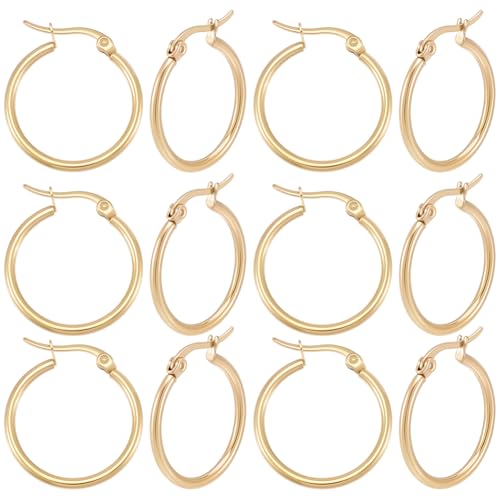 Beebeecraft 1 Box 12 Pairs Small Round Hoop Earrings 18K Gold Plated Stainless Steel Gold Ring Hoops 25mm Circle French Decorative Chunky Jewelry Earring Rings for Women Ear Piercing Jewelry DIY Decor - size: 25x2mm